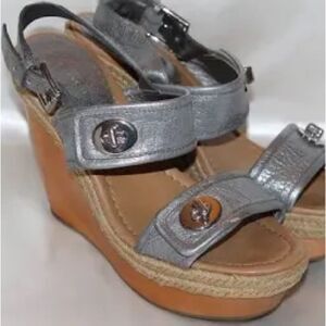 Coach Marian Metallic Silver Wood Platform Wedge Sandals w/Ankle Strap. Size 10.